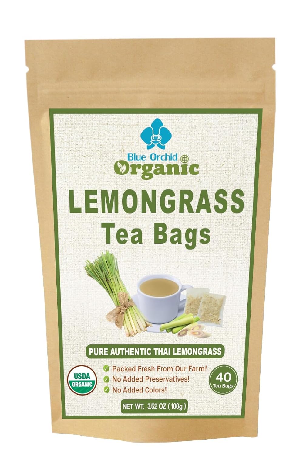 Organic Lemongrass Tea Bags - 40 Natural Corn Fiber Sachets - for Hot or Cold Drinks - Caffeine Free