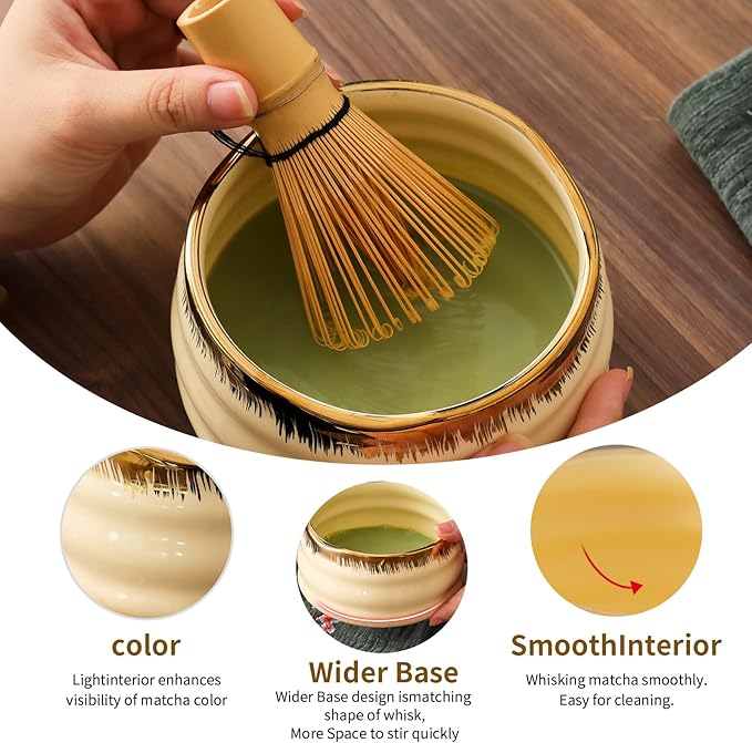 XiaoQuilismic-Matcha Whisk Set: Bamboo blender, matcha bowl, cute stand, ritual tool, Sieve - Family travel with golden texture details, 7-piece set