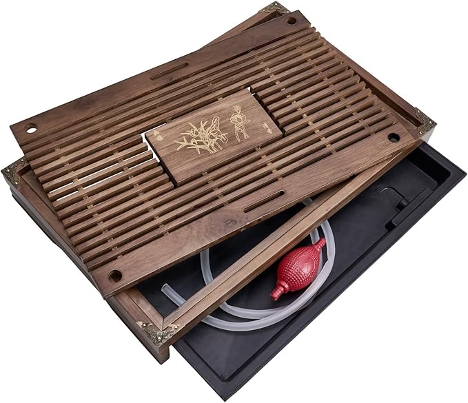 17inch Wooden Tea Tray Large Gungfu Tea Table Serving Tray with Drainage Water Storage Chassis for Home/Office Kungfu Tea Set Tray (Brown B)
