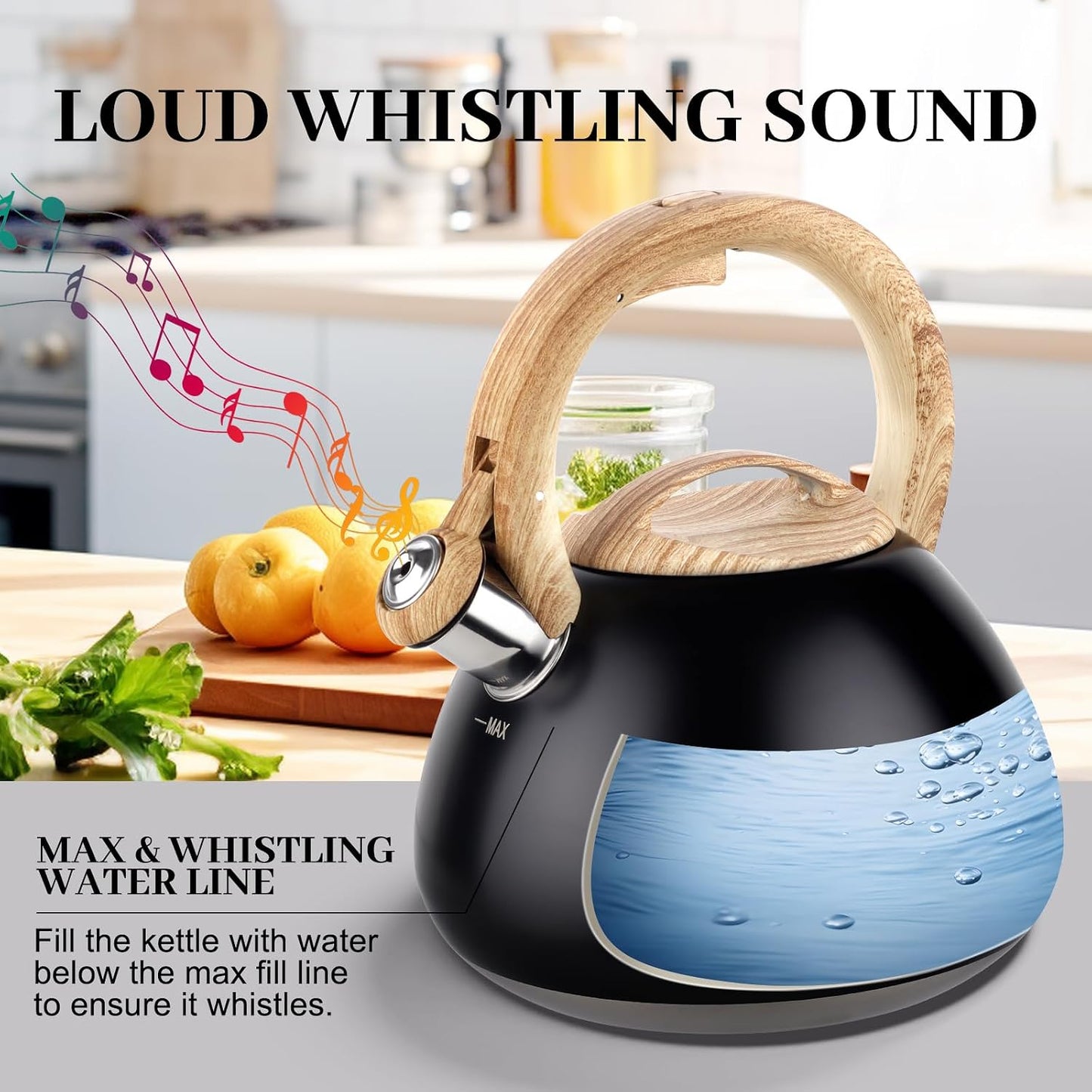 MARSKITOP Whistling Tea Kettle for Stove Top, 2.6 Quart, Black | Food Grade Stainless Steel, Loud Whistle, Cool-Touch Handle, Suitable for All Cooktops