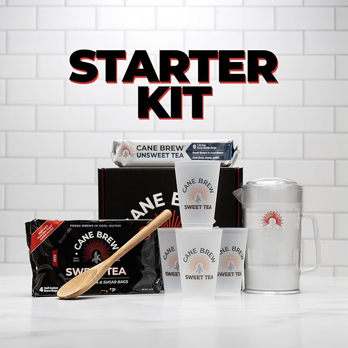 Cane Brew Iced Tea Sampler – Sweet & Unsweetened Gift Set with Pitcher, Spoon, & Cups – Charming Southern Variety Pack for Holidays & Tea Drinkers