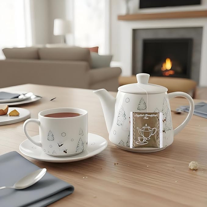 Christmas Teapot Set Ceramic Tea Pot with English Breakfast Tea, 17OZ Christmas Tree Tea Kettle with Mug as Birthday & New Year Gifts for Home &