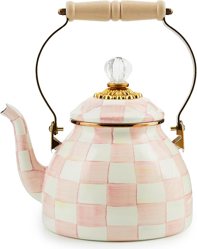 MACKENZIE-CHILDS Enamel Tea Kettle, Stylish Tea Kettle for Stovetop, Pink-and-White Rosy Check, 2 Qu