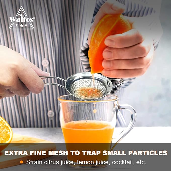Walfos Mini Fine Mesh Tea Strainer, Stainless Steel Small Sifter with Sturdy Handle, 2.7 Inch Kitchen Metal Sieve for Tea, Coffee, Cocktail, Juice