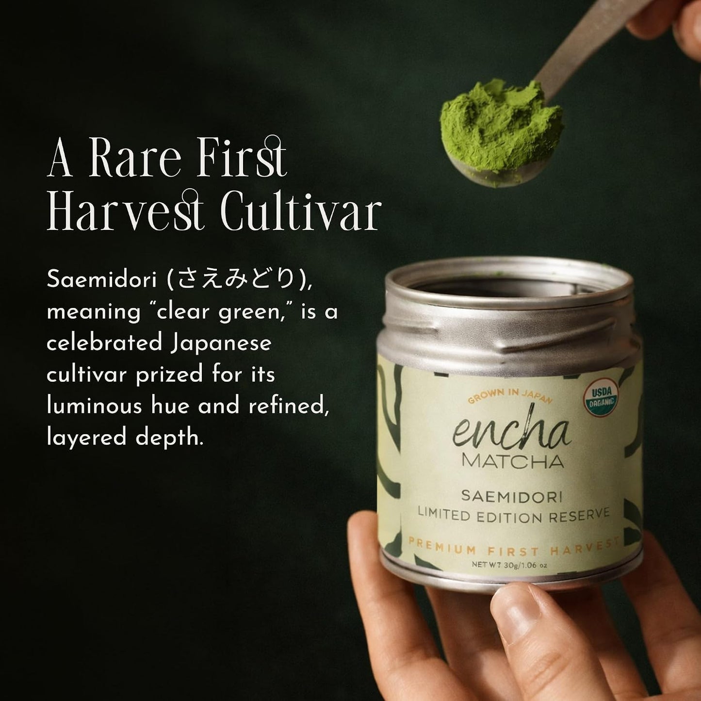 Encha Matcha Tea Saemidori Limited Edition Reserve - Ceremonial Grade Matcha Powder - Single Origin - Premium First Harvest Organic, Japanese - 1.06oz/30g Tin