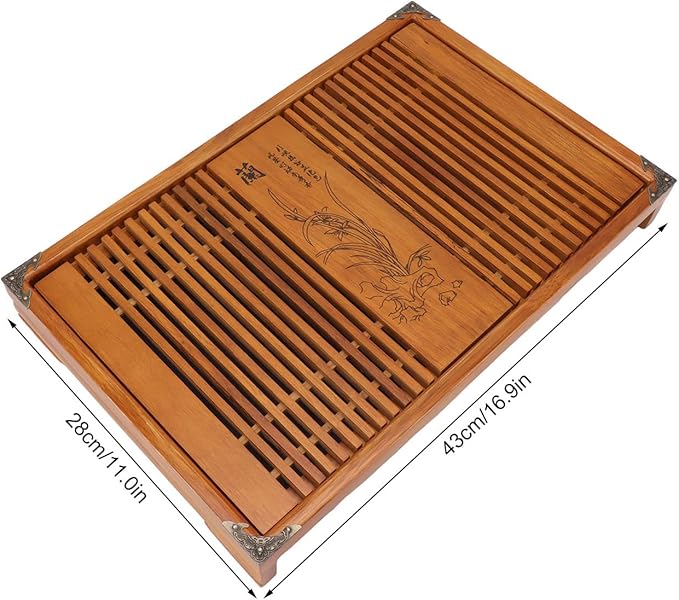 Kungfu Tea Tray Chinese Gongfu Tea Tray Drainage Water Storage Wood Tea Table with Drain Pipe (Yellow Orchid)