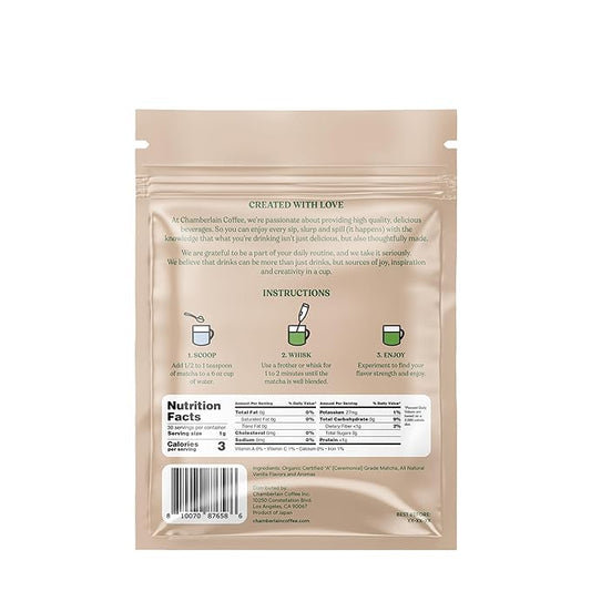 Chamberlain Coffee Vanilla Matcha Powder - Ceremonial Grade Matcha Powder with Madagascar Vanilla, Gluten-Free Flavor for Hot and Iced Drinks, Made with Premium Organic Ingredients - 1.06 Oz Pouch