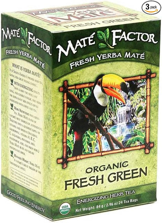 The Mate Factor Yerba Mate Energizing Herb Tea Bags, Organic Fresh Green, 24-Count Boxes (Pack of 3)