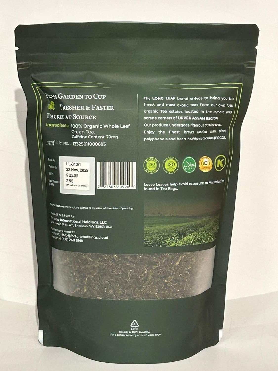 CLASSIC ASSAM GREEN TEA, Green Tea, Loose Leaf (250g/8.81oz)/100 Cups | Non-GMO, 100% Pure Organic Green Tea Leaves Sourced from Lush Brahmaputra Valley in the Himalayan Foothills, Assam, India | Resealable Ziplock Pouch
