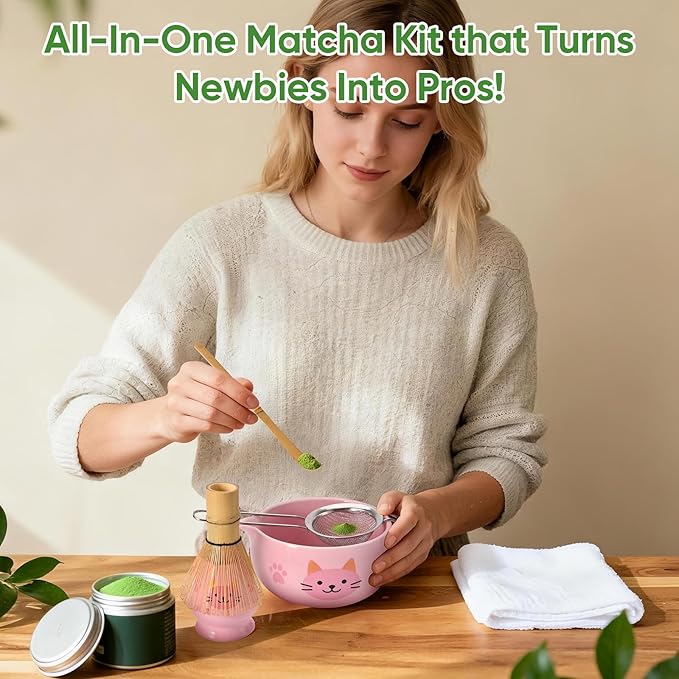 Matcha Whisk Set, 5Pcs Ceramic Matcha Set Includes Matcha Bowl, Matcha Whisk and Holder, Bamboo Scoop and Sifter, Ideal Matcha Bowl Set for Authentic Matcha Tea Experience