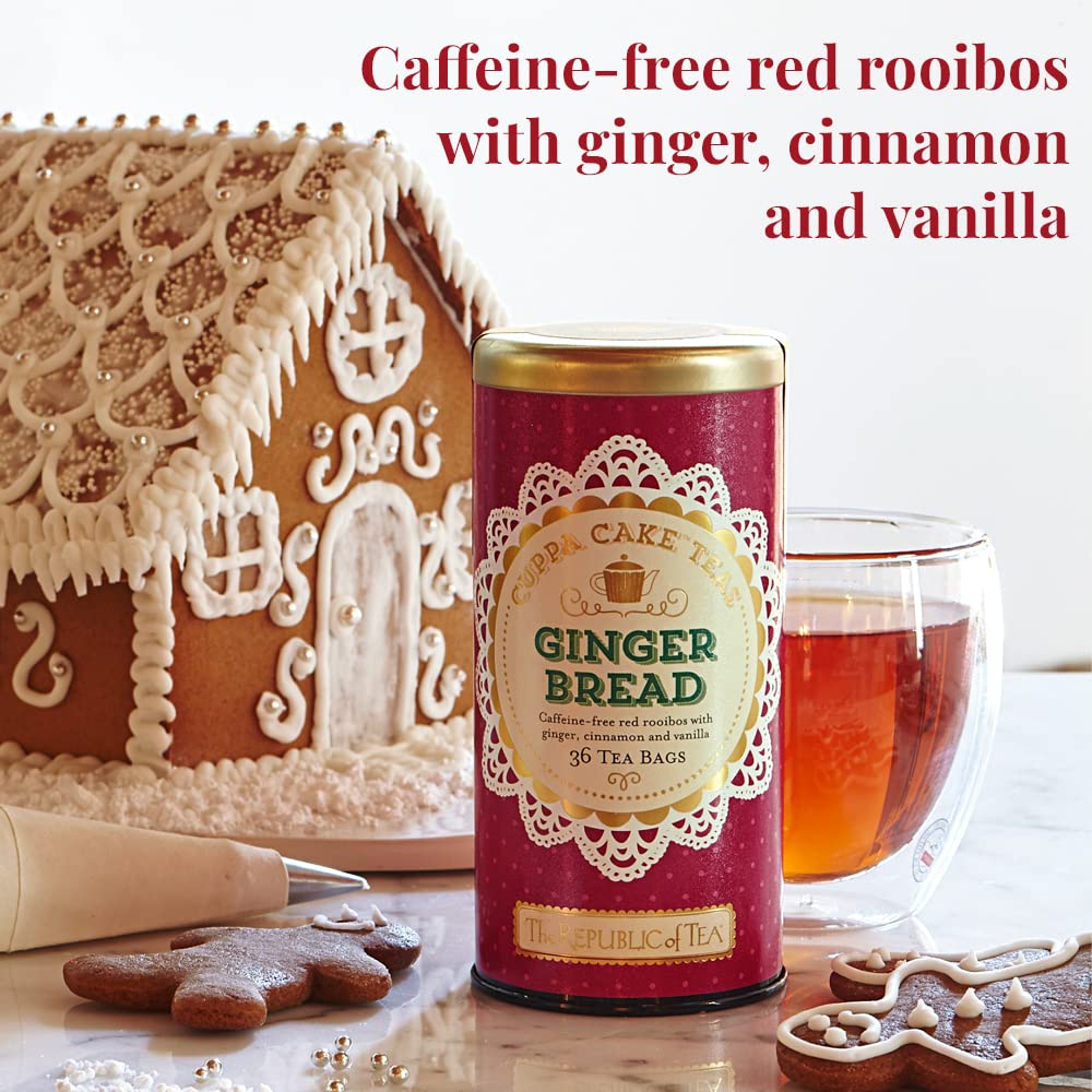 The Republic of Tea Cuppa Cake Gingerbread Herbal Tea, Caffeine Free, 36 Ct | Suitable for day or evening . Mellow and rounded with notes of warming ginger and baking spice. Gluten Free and Carb Free.