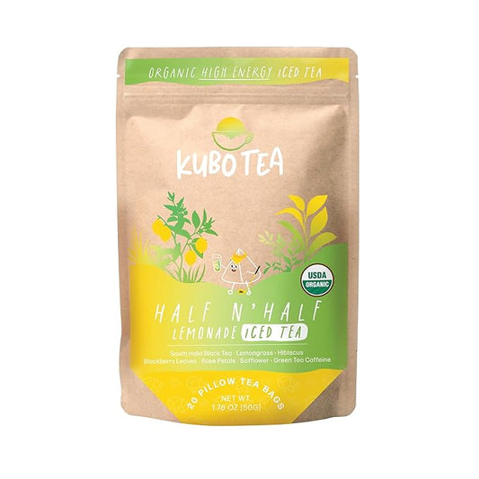 High Caffeine Iced Tea (155 mg) - Kubo Tea: Organic Half & Half Lemonade Black Tea Bags for Clean Energy & Focus | Healthy Coffee Substitute | High Energy Iced Blend | 20 Ct | Compostable Packaging