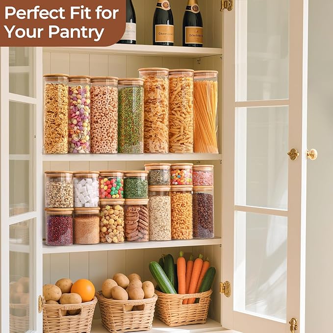 ComSaf Airtight Glass Food Storage Jars Set of 6, 0.6 Qt Clear Glass Food Storage Container with Sealing Wooden Lid, Stackable Spice Jar