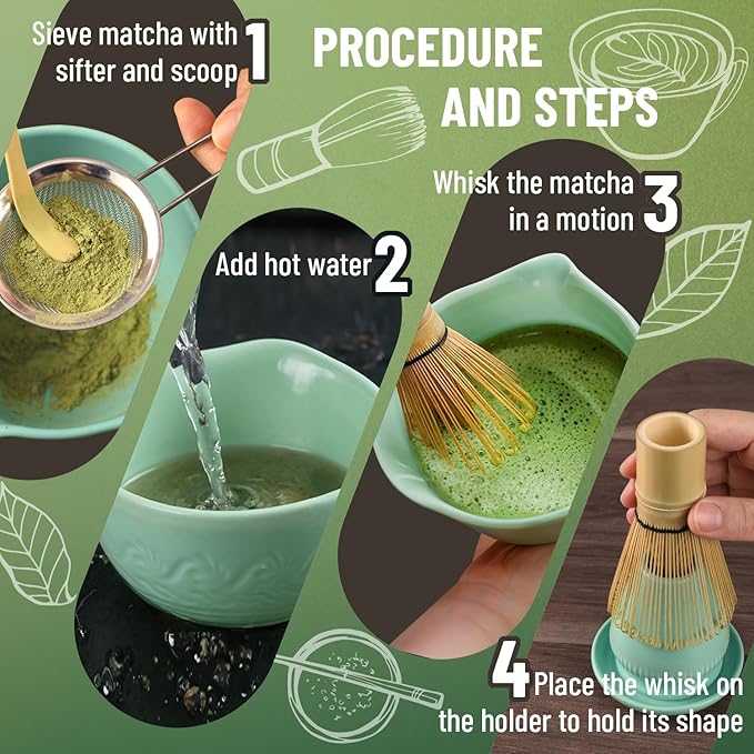 Green Matcha Whisk Set: Ceramic Matcha Set for Frothy Tea Ceremony Bowl & Whisk for Your Morning Ritual, Gift for Tea Lovers & Beginners