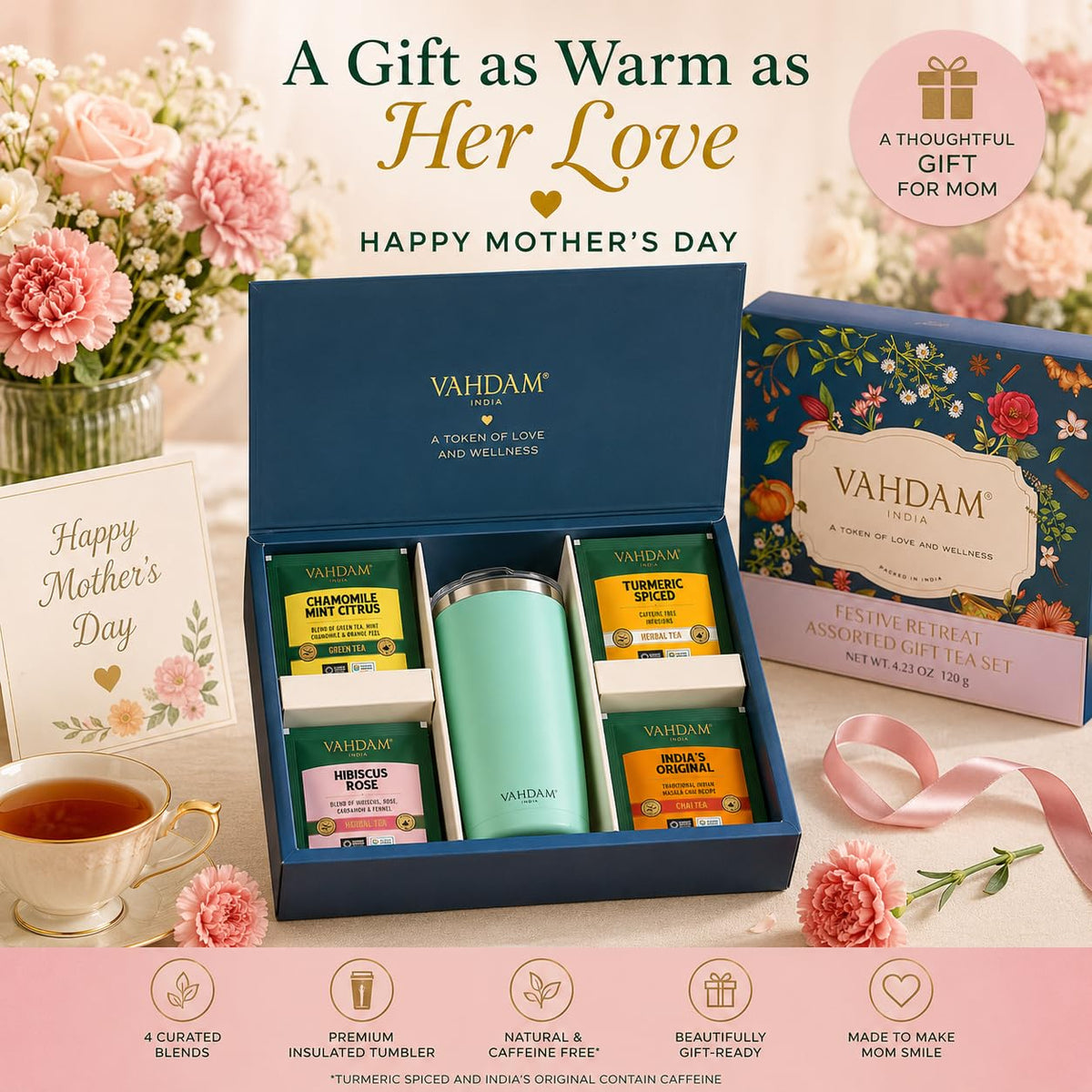 VAHDAM Assorted Tea Gift Set for Mom with Cruise Tumbler (4 Varieties