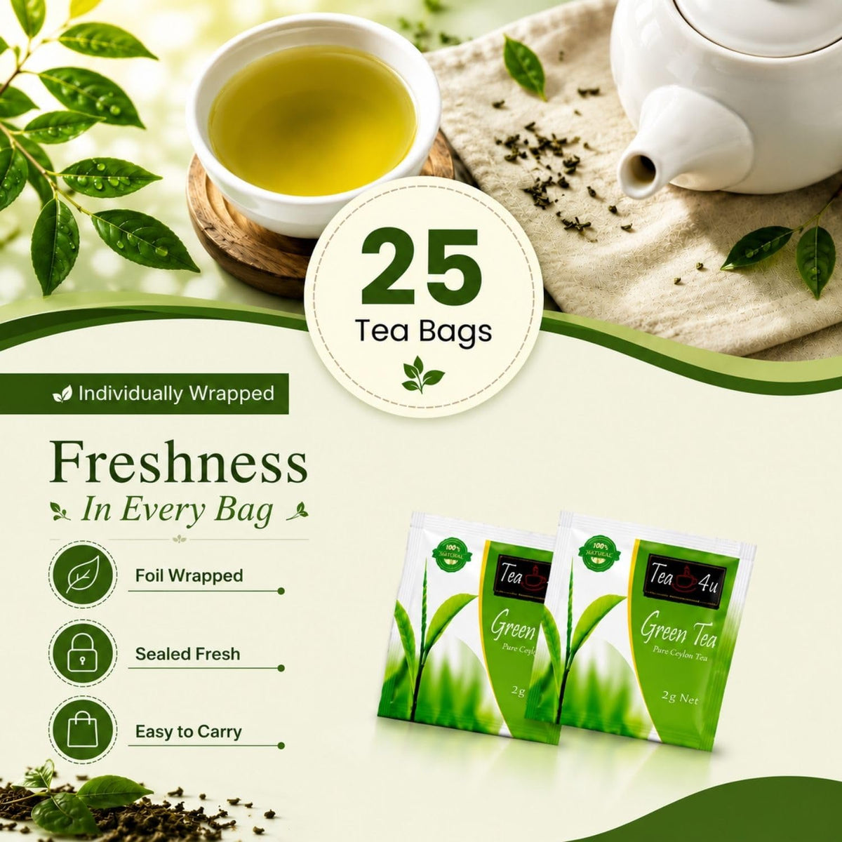 Tea4U Organic Ceylon Green Tea Bags - Handpicked Tea Leaves - 25 Count