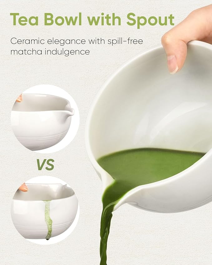 Matcha Bowl with Spout, Ceramic Matcha Tea Bowl (Chawan), Traditional Matcha Mixing Bowl for Whisking Matcha, Ivory White (18 Ounce)