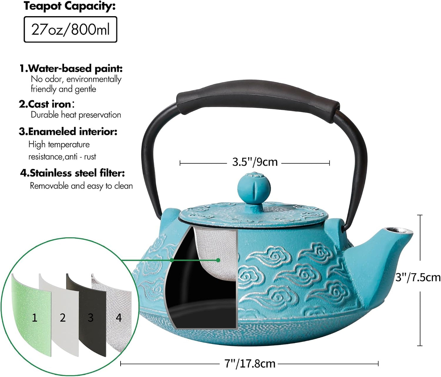 Cast Iron Teapot, Japanese Tea Pot with Infuser for Loose Leaf, Tea Kettle Stovetop Safe, Enamel Coated Interior, 27 oz (800 ml), Clouds Pattern Sky-Blue