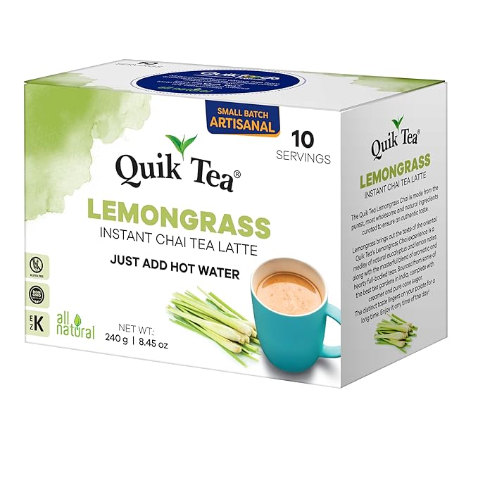 QuikTea Lemongrass Chai Tea Latte – 10 Count, Instant Herbal Blend with Natural Ingredients, Preservative-Free – Just Add Hot Water