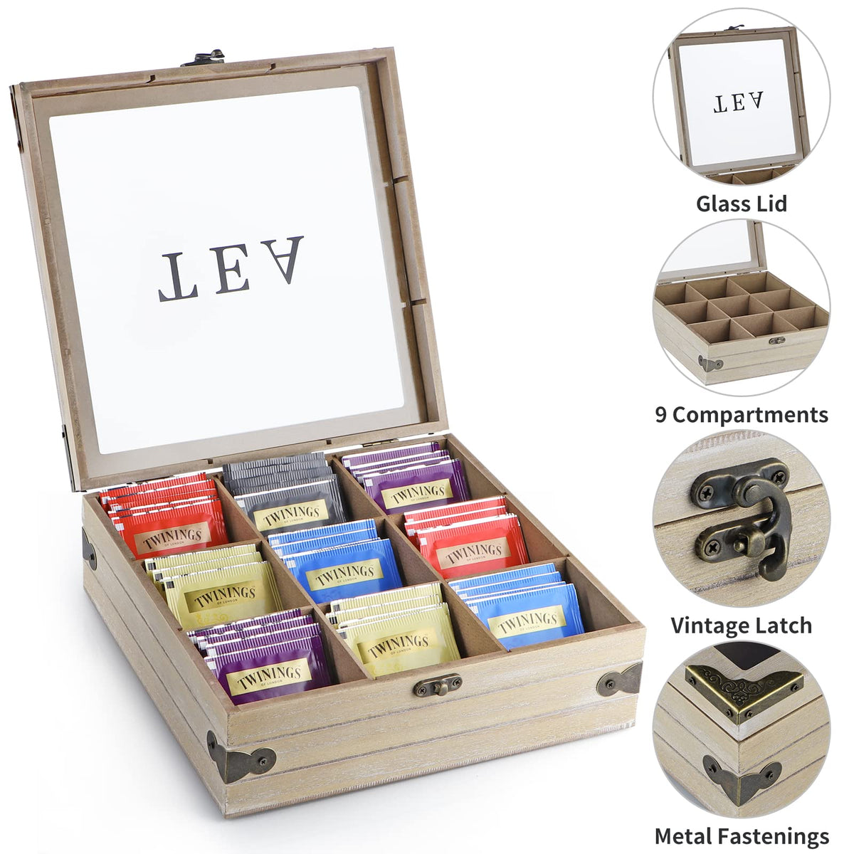MOLIGOU Wood Tea Box Organizer, Tea Storage Chest with Glass Lid, 9 Compartments, Tea Bag Holder for Cabinet, Pantry