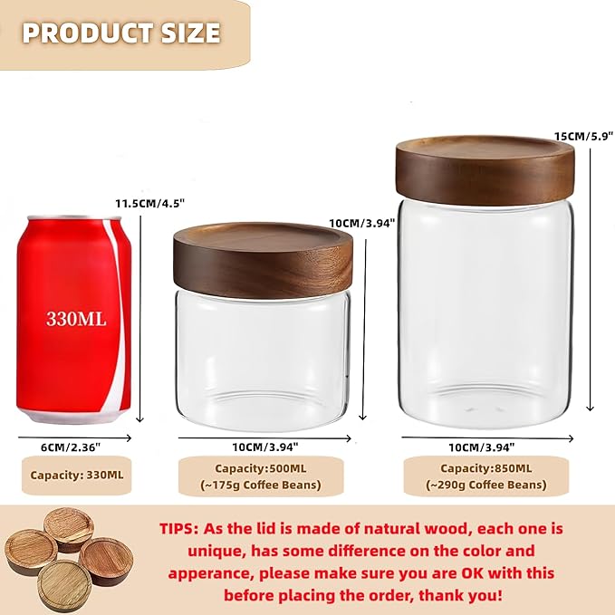 Set of 2 Glass Food Storage Jars, Premium Clear Glass Container Jar with Airtight Wooden Screw Lid, Kitchen Canisters for Coffee,Tea,Pasta,Cookies, Nuts,Spice,Candy,Overnight Oatmeal