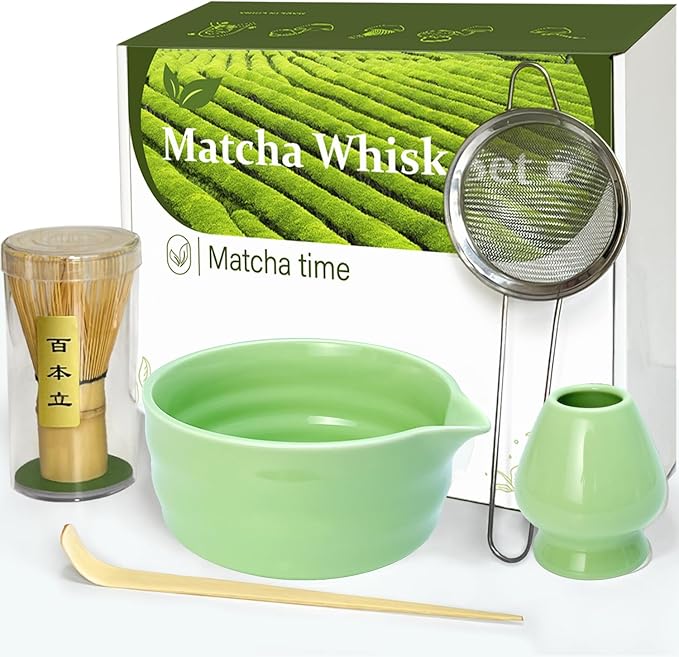 Matcha Whisk Set with Matcha Bowl, Matcha Whisk Holder Matcha Bamboo Whisk, Scoop, Sifter, Unique Gi