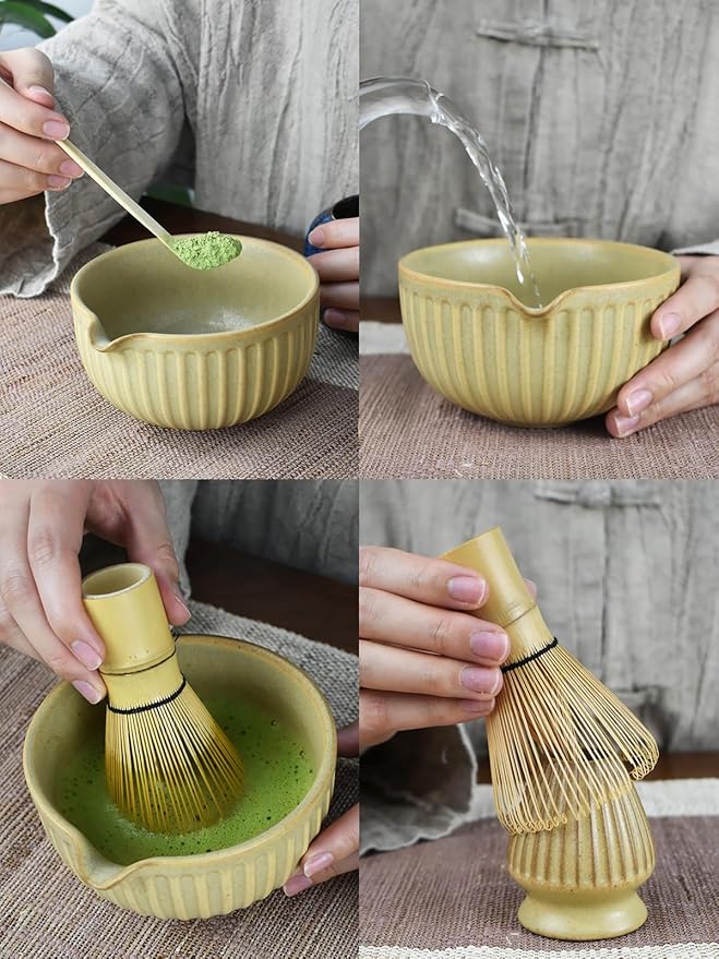 Artcome Matcha Bowl Set with Pouring Spout - Ceramic Matcha Bowl, Bamboo Whisk, Whisk Holder, Tea Scoop