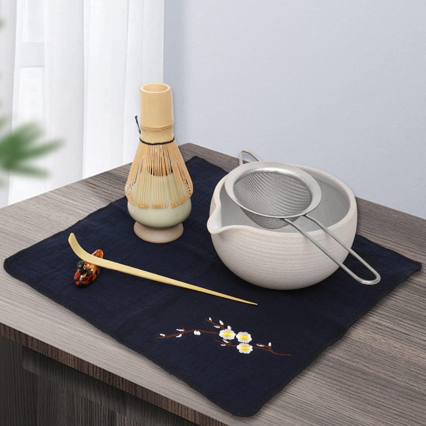 Artcome Japanese Matcha Tea Set, Bowl with Pouring Spout, Whisk, Tea Scoop, Ceramic Whisk Holder, Matcha Powder Caddy, Handmade Matcha Ceremony Kit For Japanese Tea Ceremony (9Pcs)