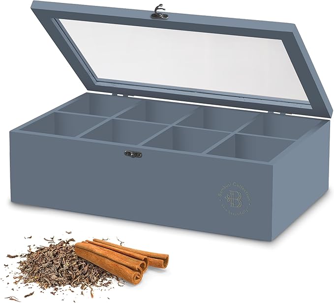 Tea Bag Organizer - Grey Bamboo Tea Box Organizer Storage Box, Tea Bag Holder with Acrylic Window, Magnetic Lid Keeps Tea Bags Fresh