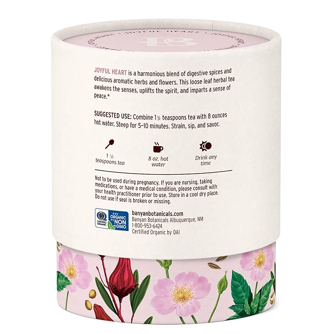 Banyan Botanicals Joyful Heart CCF Tea Loose Leaf Organic Herbal Tea Uplifting and Aromatic with Hibiscus, Tulsi, and Rose 1.5 oz