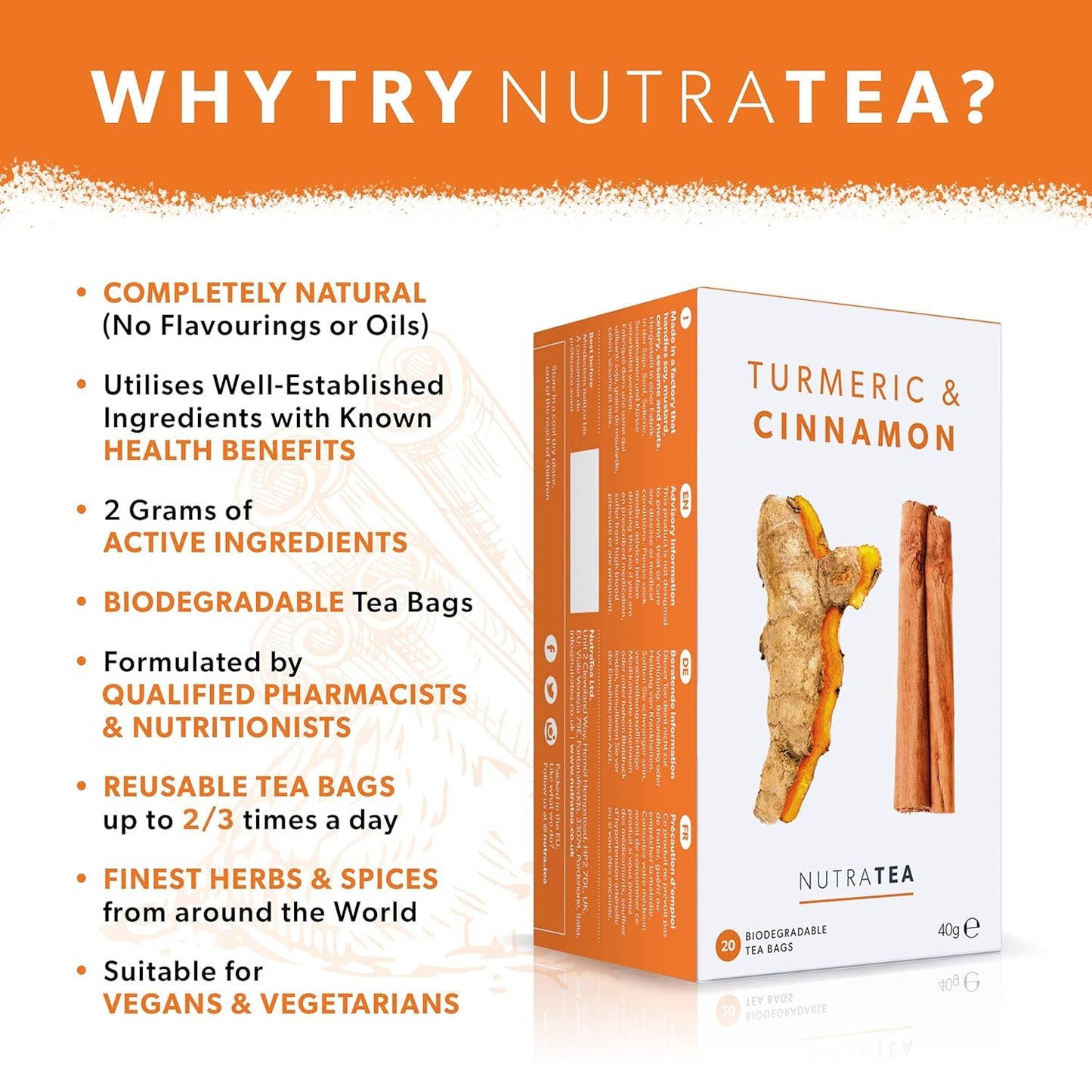 Nutra Tea - Turmeric &amp; Cinnamon Tea | Turmeric Tea - 20 Individually Wrapped, Reusable Teabags - Caffeine Free, All Natural Herbal Blend (1 Pack)