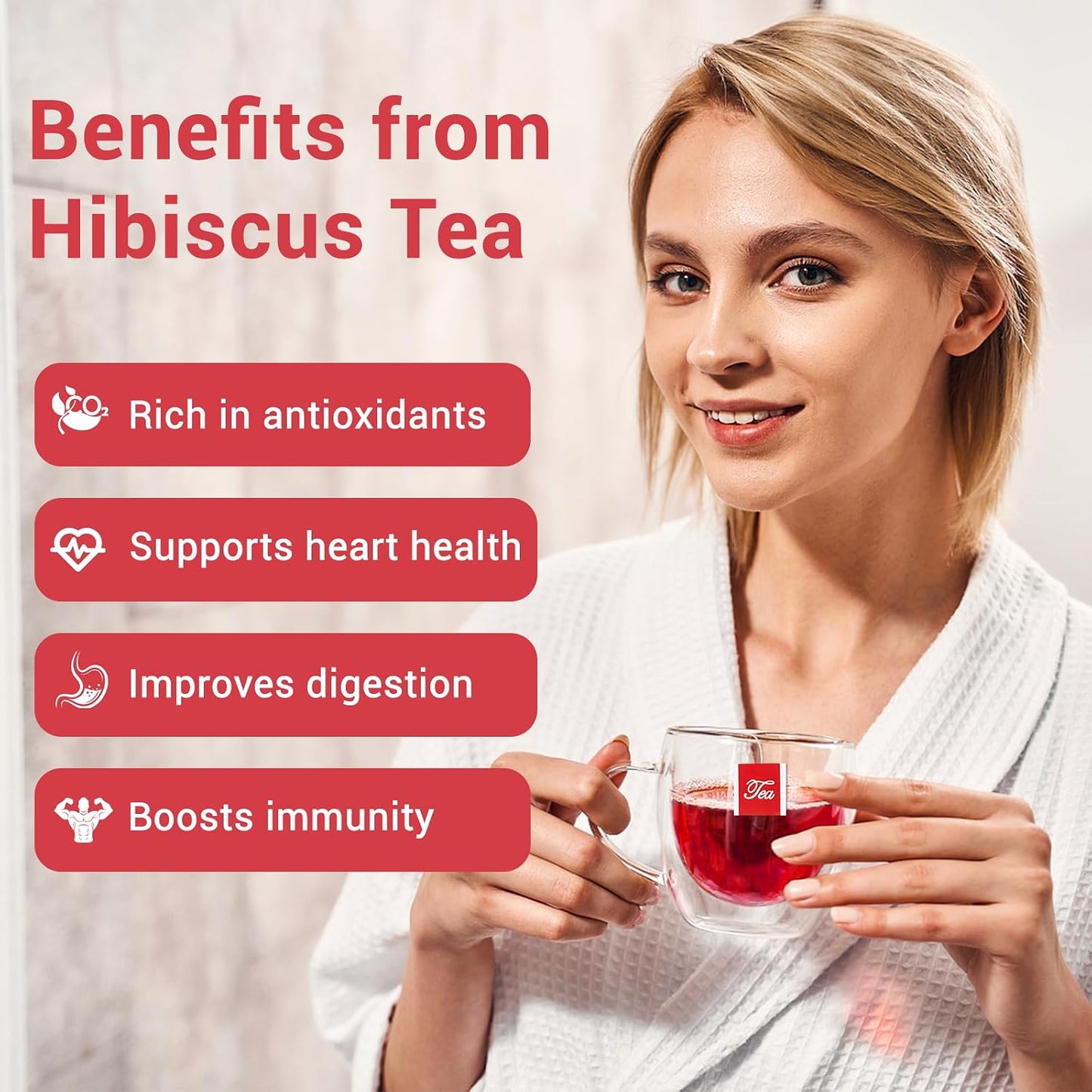 Hibiscus Tea Bags, Premium Hibiscus Filowers, Natrual Hibiscus tea - Supports Heart Health, Boosts Immune, Caffeine Free, Non-GMO, No Sugar（1 Pack/100 Bags)
