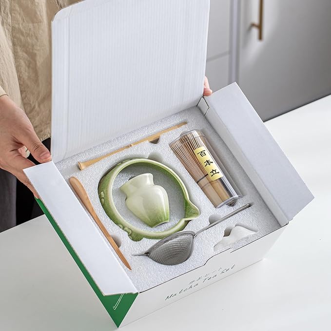 8 Pcs Matcha Whisk Set, Complete Ceramic Matcha Making Kit with 18OZ Bowl, Bamboo Whisk & Holder, Scoop& Scoop Rest, Stainless Sifter, Tea Mat