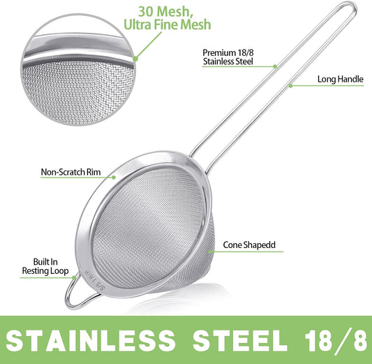 2 Pack Stainless Steel 18/8 Small Food Strainer, Fine Mesh Sieve with Long Handle, Cocktail Strainer For Cocktails, Tea Herbs, Coffee &amp; Drinks, Rust Proof &amp; Great as Tea Strainer, 3.5inch