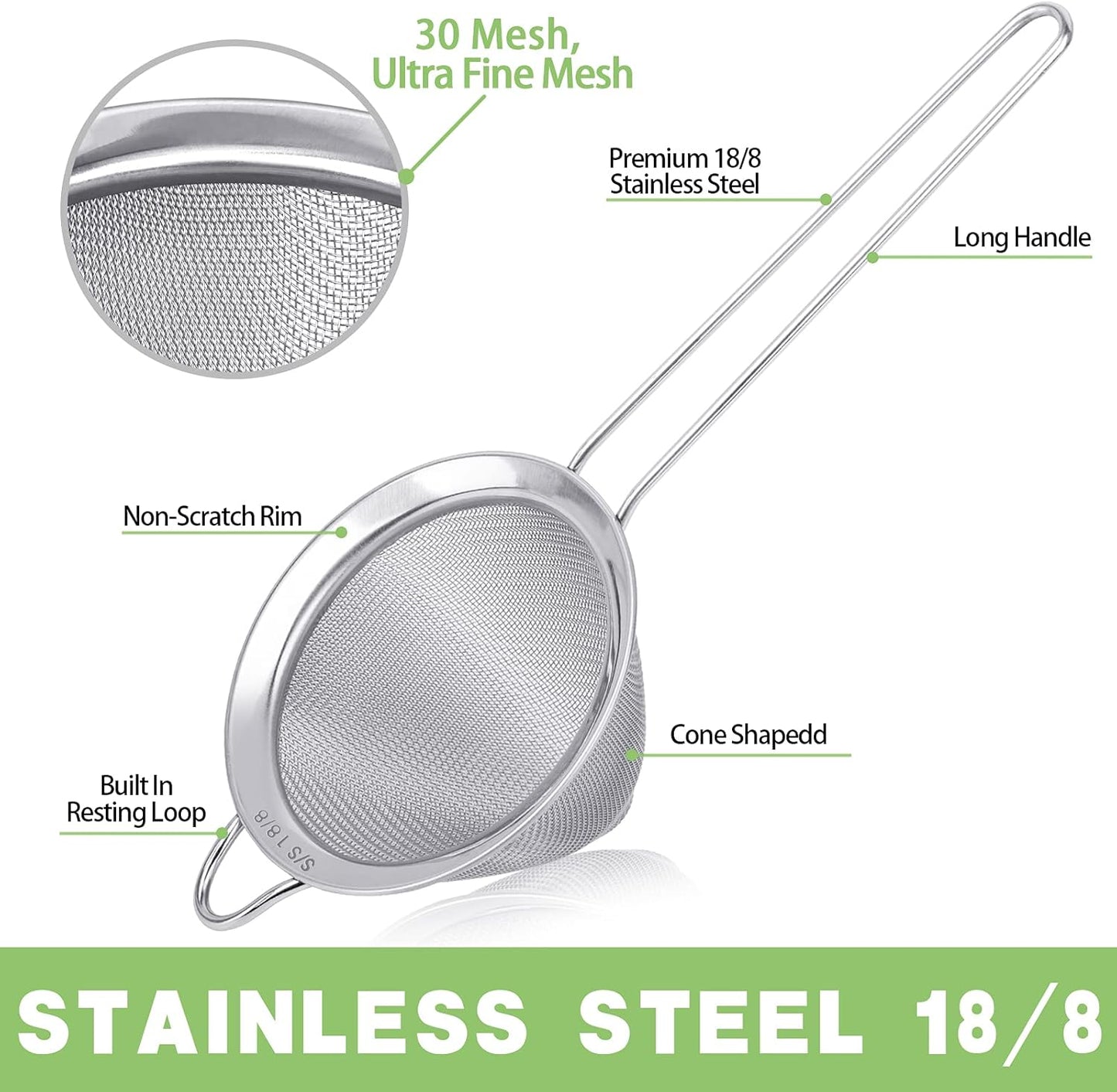 2 Pack Stainless Steel 18/8 Small Food Strainer, Fine Mesh Sieve with Long Handle, Cocktail Strainer For Cocktails, Tea Herbs, Coffee &amp; Drinks, Rust Proof &amp; Great as Tea Strainer, 3.5inch