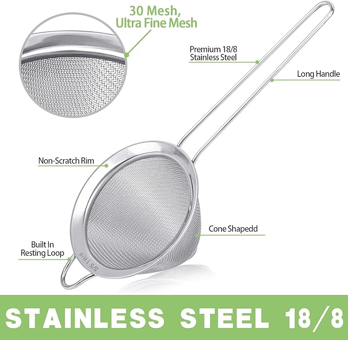 2 Pack Stainless Steel 18/8 Small Food Strainer, Fine Mesh Sieve with Long Handle, Cocktail Strainer For Cocktails, Tea Herbs, Coffee & Drinks