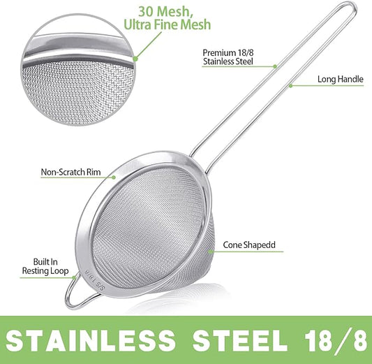 2 Pack Stainless Steel 18/8 Small Food Strainer, Fine Mesh Sieve with Long Handle, Cocktail Strainer For Cocktails, Tea Herbs, Coffee & Drinks