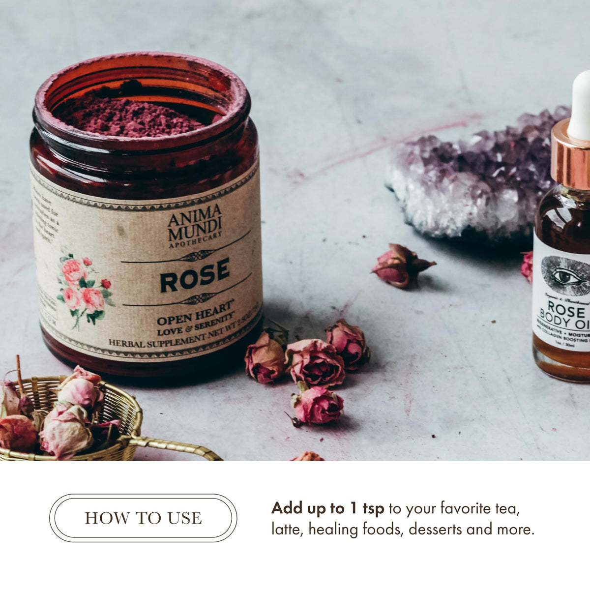 Anima Mundi Apothecary Love + Serenity Rose Petal Powder - with Edible Dried Rose Petals & Buds - for Heart Chakra - Fluffy