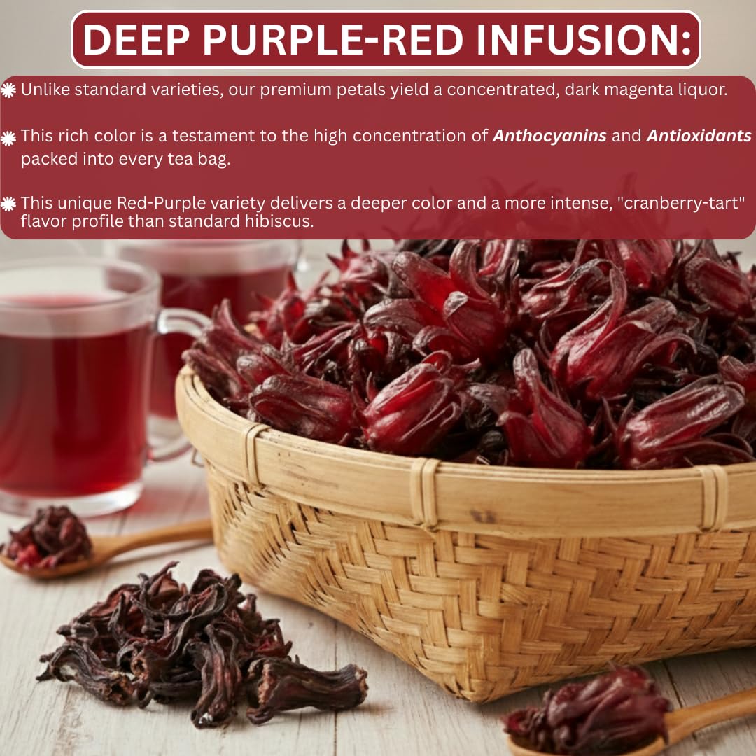 Organic Hibiscus Tea Bags 40 Count | Rare Variety Thai Red Purple Hibiscus Loose Flowers in Unbleached Sachets | Small Lot Eco-Farmed