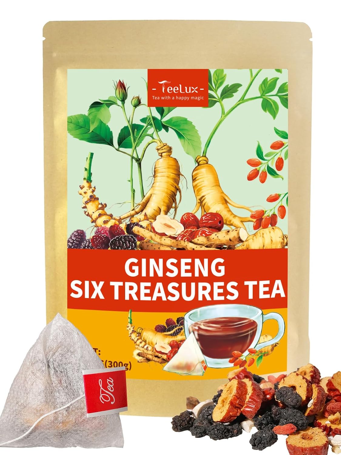 TeeLux Ginseng Six Treasures Tea Bags, Caffeine Free, No Additives, 30Count