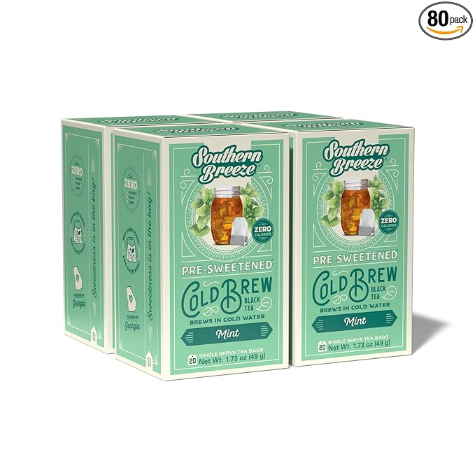 Southern Breeze Cold Brew Sweet Tea Mint Iced Tea with Black Tea and Zero Carbs Zero Sugar, 20 Individually Wrapped Tea Bags (Pack of 4) Southern Sweet Tea Iced Tea Beverage