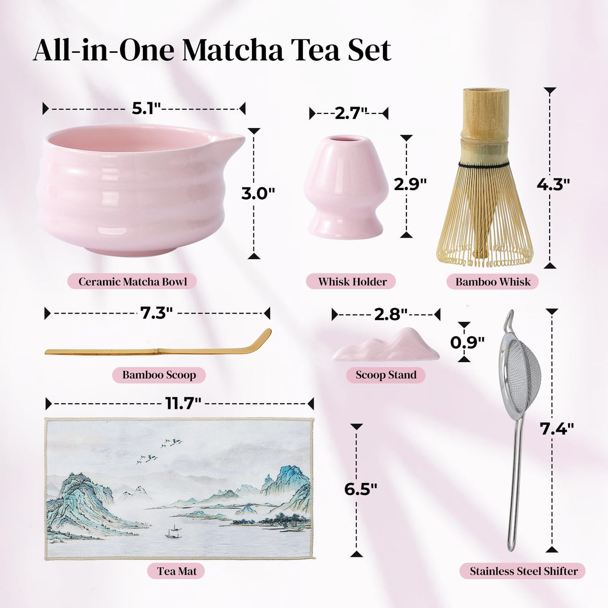 DOWAN Matcha Whisk Set, 7 Pcs Matcha Set Includes Bowl with Spout, Whisk and Holder, Bamboo Scoop and Holder, Sifter and Tea