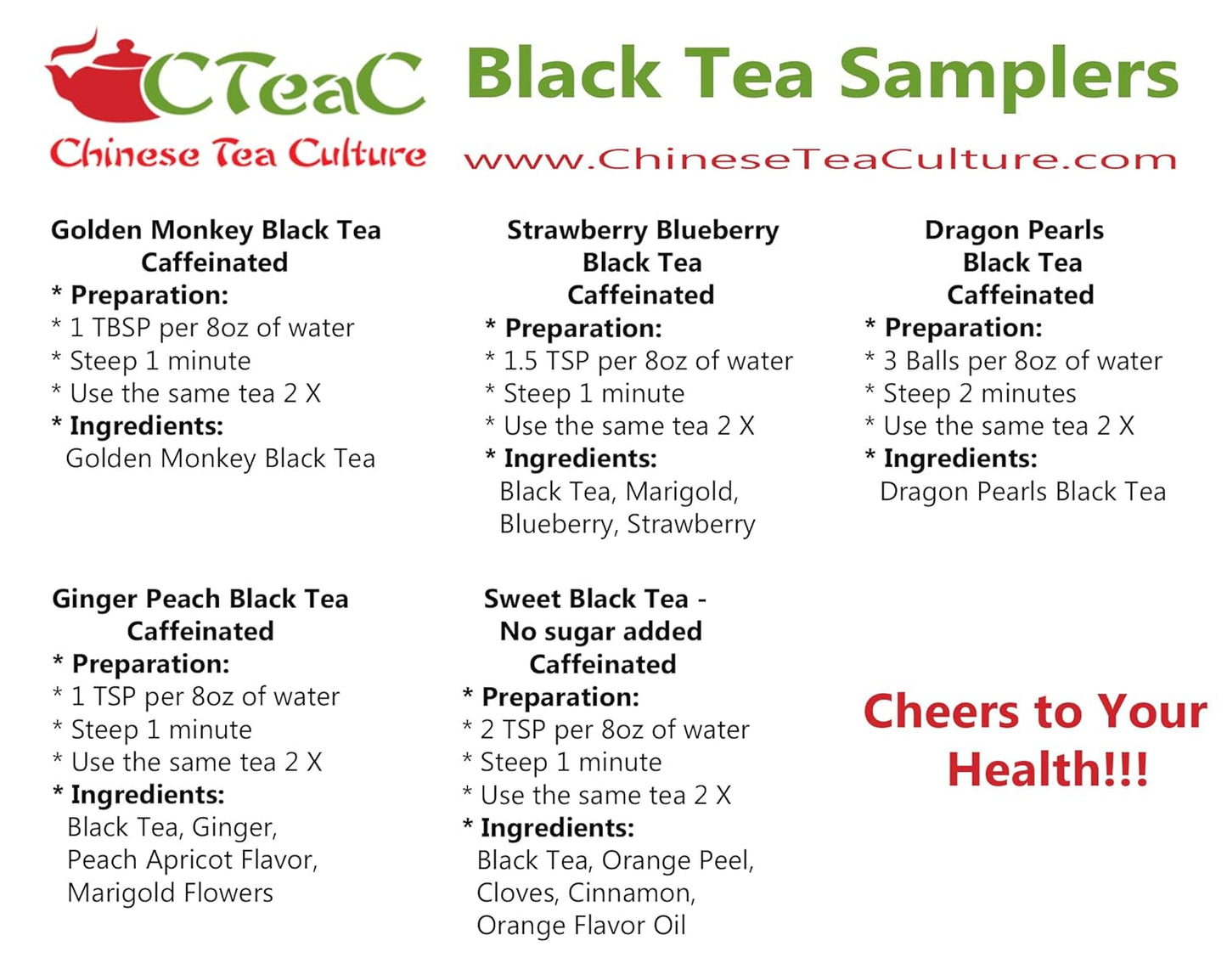 5 Black Tea Samplers, Caffeinated, Sweet Black Tea (No Sugar Added), Dragon Pearls Tea, Golden Monkey Tea, Ginger Peach Tea, Strawberry Blueberry Tea, Loose Leaf Tea