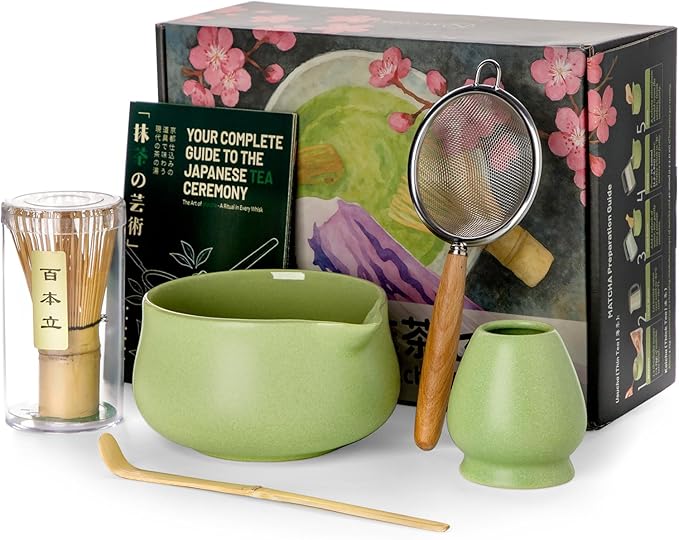 Nucookery Matcha Whisk Set - 5 Pcs Matcha Set with 18oz Ceramic Matcha Bowl (Chawan) with Spout, Bamboo Whisk & Holder, Scoop and Sifter | Complete Matcha Kit for Japanese Tea Ceremony