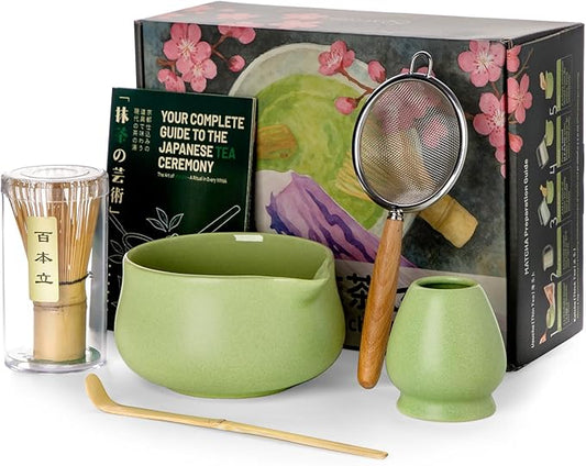 Nucookery Matcha Whisk Set - 5 Pcs Matcha Set with 18oz Ceramic Matcha Bowl (Chawan) with Spout, Bamboo Whisk & Holder, Scoop and Sifter