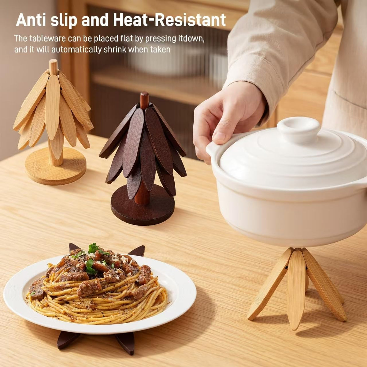 DecBeLiv Foldable Tree Trivet Wooden Hot Plate Holder, Bamboo Trivet for Hot Dishes, Heat-Resistant Pot Holder Tree for BBQ, Picnic, Outdoor Dining &amp; Kitchen Decor