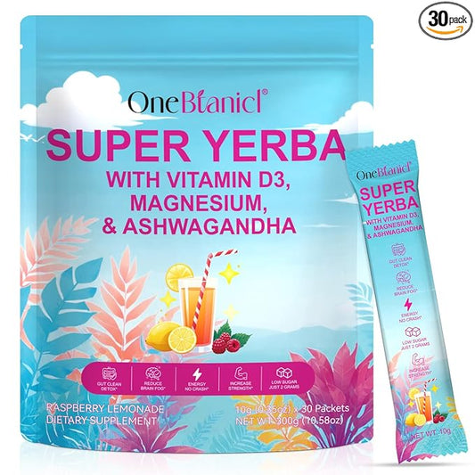 Super Yerba Mate Instant Powder Packets, Raspberry Lemonade Flavor|Energy & Focus Boost| Gut Support, Low Sugar Content