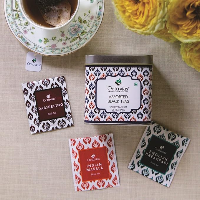 Octavius Assorted Black Tea Sampler Pack | Darjeeling/Classic Assam/Indian Masala/English Breakfast | 3 Flavors in 25 Tea Bags | Pack of 1