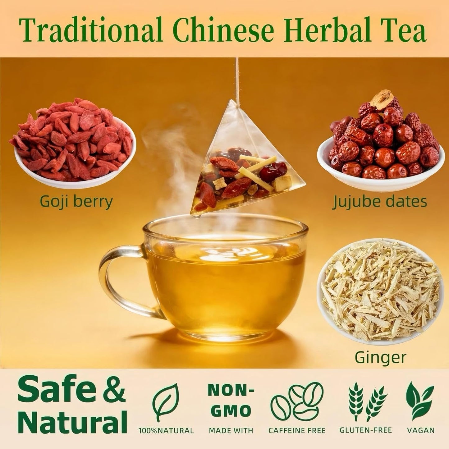 Ginger Goji Berry Jujube Dates Tea,Traditional Chinese Herbal Tea,Sweet & Spicy,Tea Gift for Women,No Additives, Caffeine Free,Organic,Non-GMO,20 Tea Bags(100g)