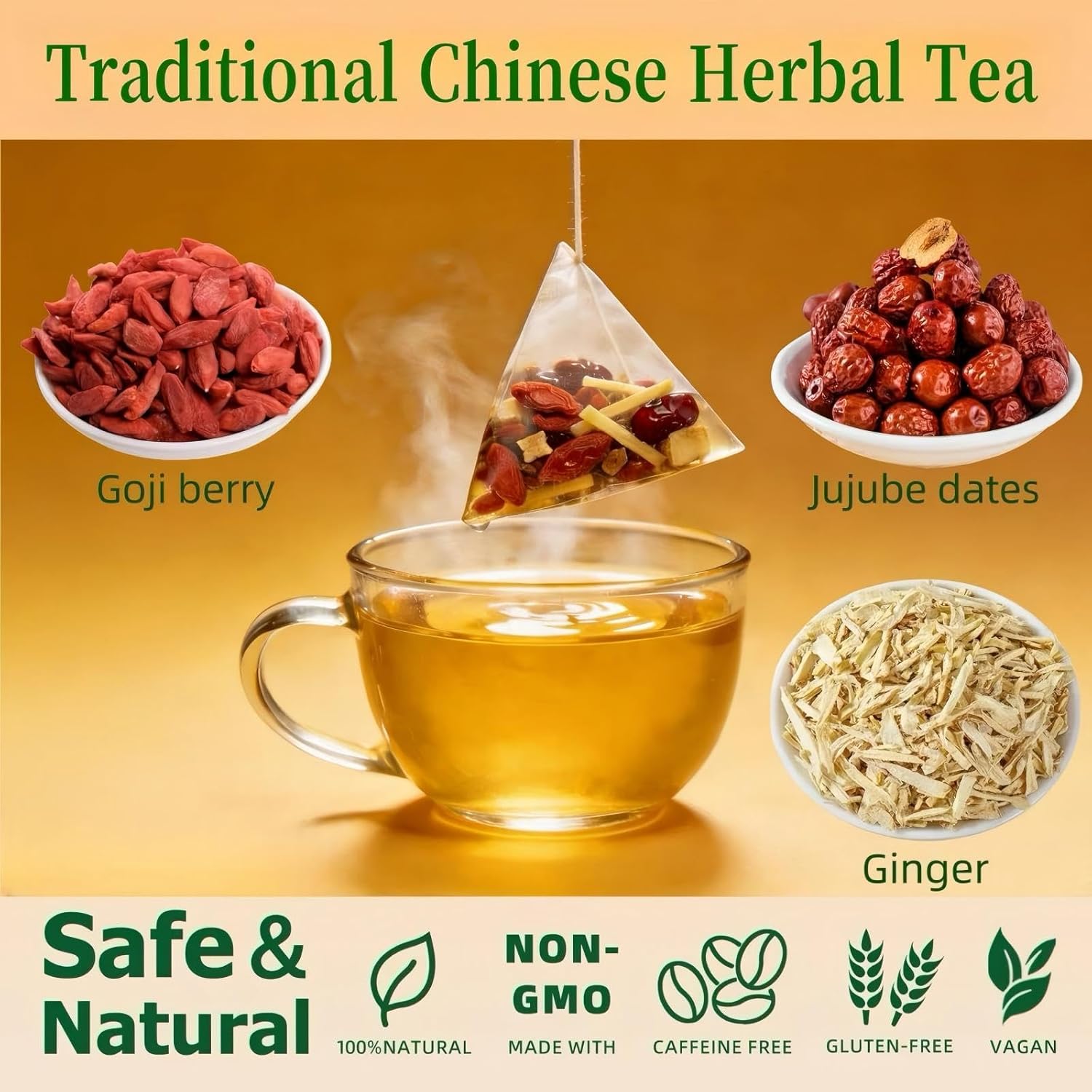 Ginger Goji Berry Jujube Dates Tea,Traditional Chinese Herbal Tea,Sweet & Spicy,Tea Gift for Women,No Additives, Caffeine Free,Organic,Non-GMO,20 Tea Bags(100g)